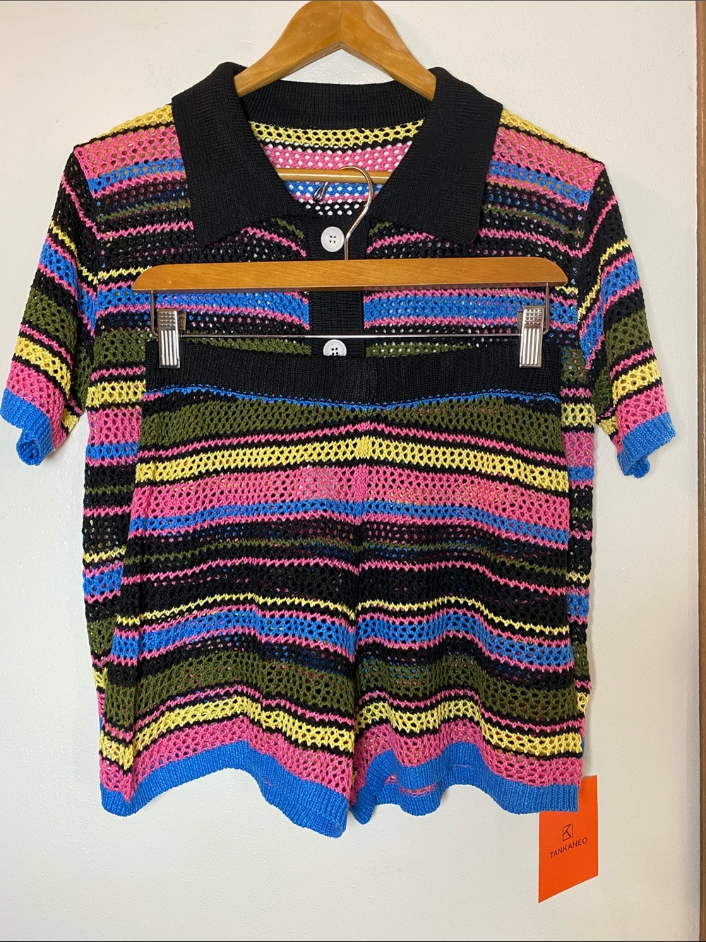 Women’s Crochet Polo Coverup Set in Black with Pink, Blue & Yellow - Tankaneo